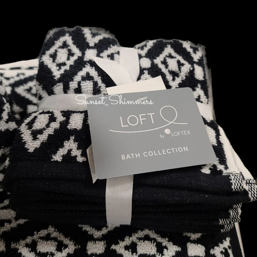 8pc Loft Bath Hand Washcloth Black & White Diamond Aztec Tile Towel Set New